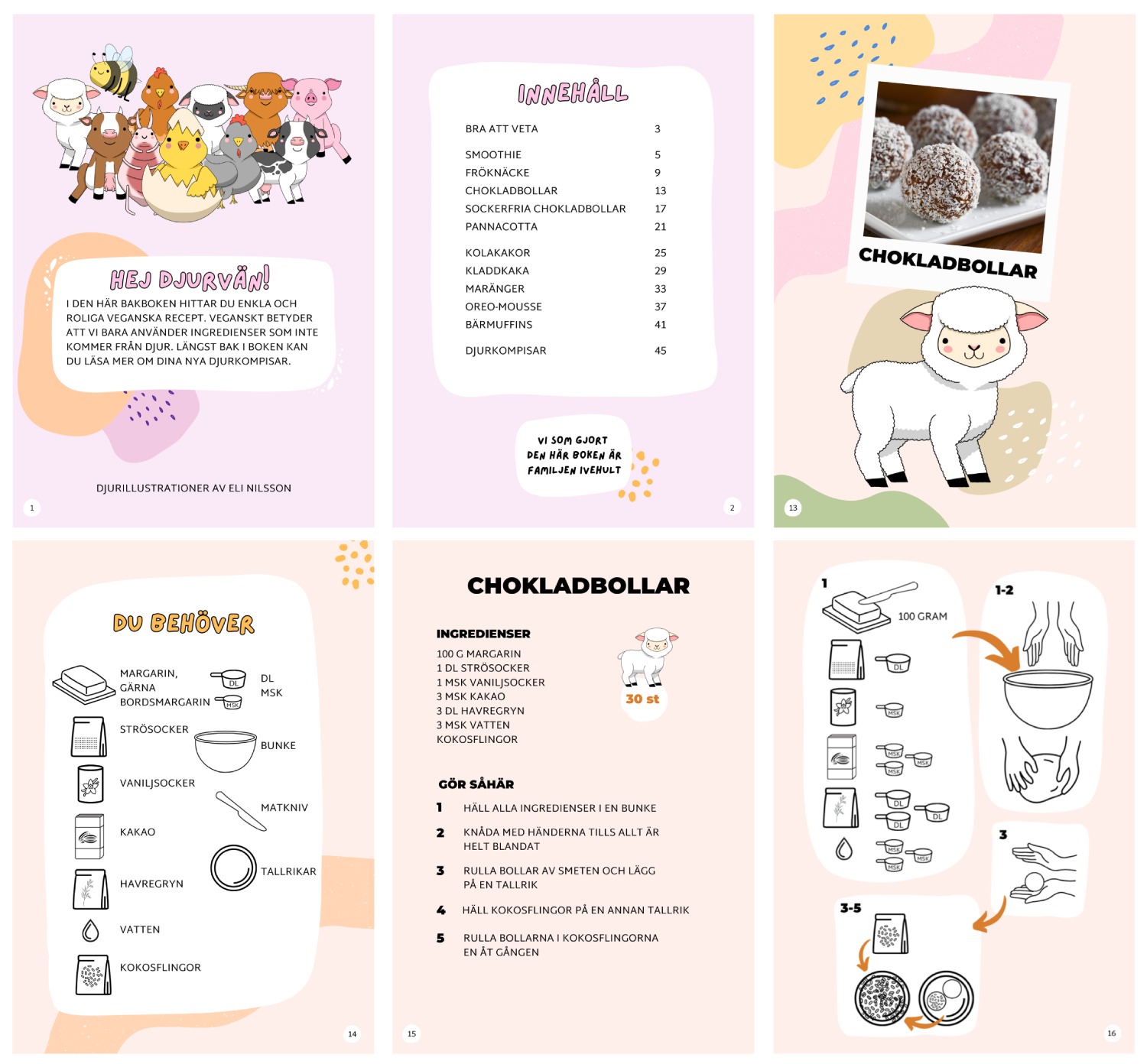 6 sidor bredvid varandra varav 2 rosa sidor med introduktion och innehållsförteckning. 4 receptsidor av chokladboll med ljust orange bakgrund.